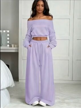 Lavender Wide Leg Lounge Pants Set - Off-Shoulder Top & Drawstring Trousers